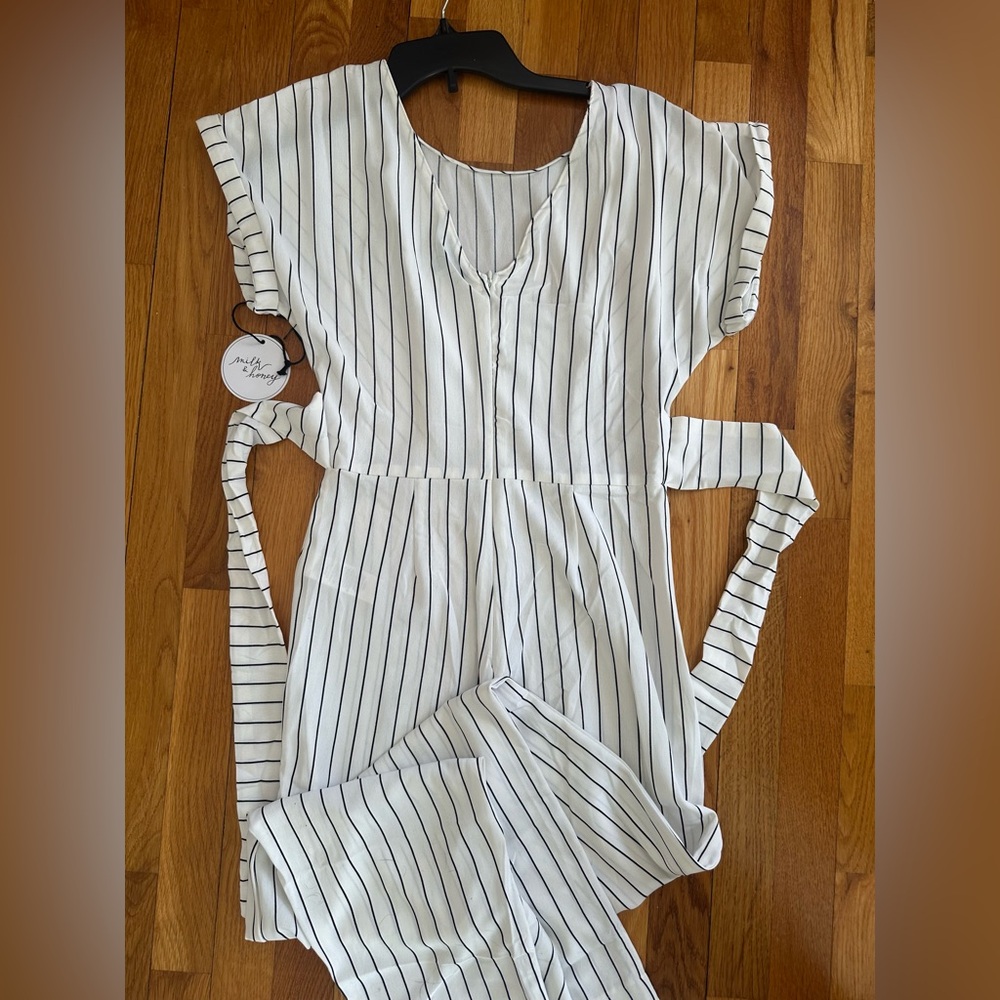 Striped White and Black Tie-Waist Jumpsuit - Picture 2 of 5